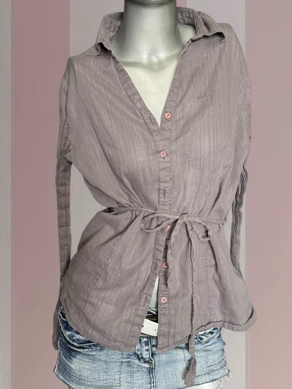 Jeep Y2K Grey Shimmer Tie-Waist Button Up Blouse